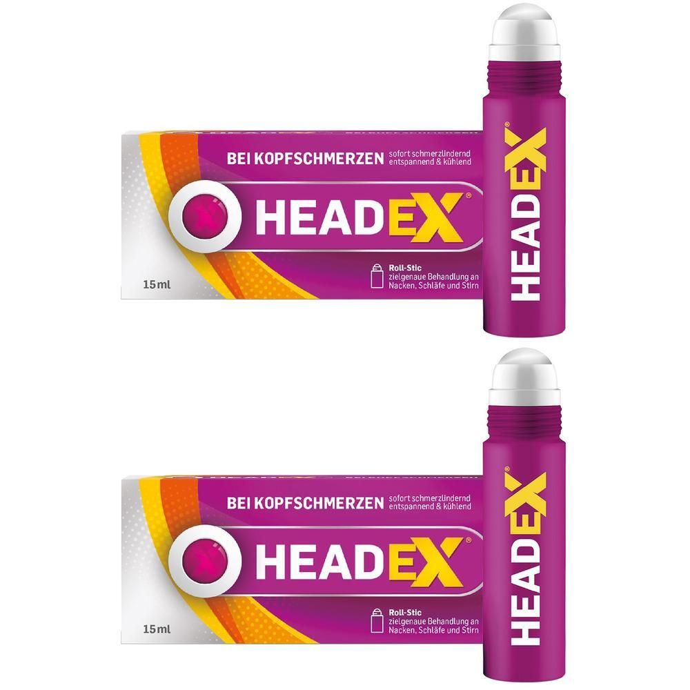 Zwei HeadEx Roll-Sticks mit je 15ml in lila Verpackung, für Kopfschmerzen.