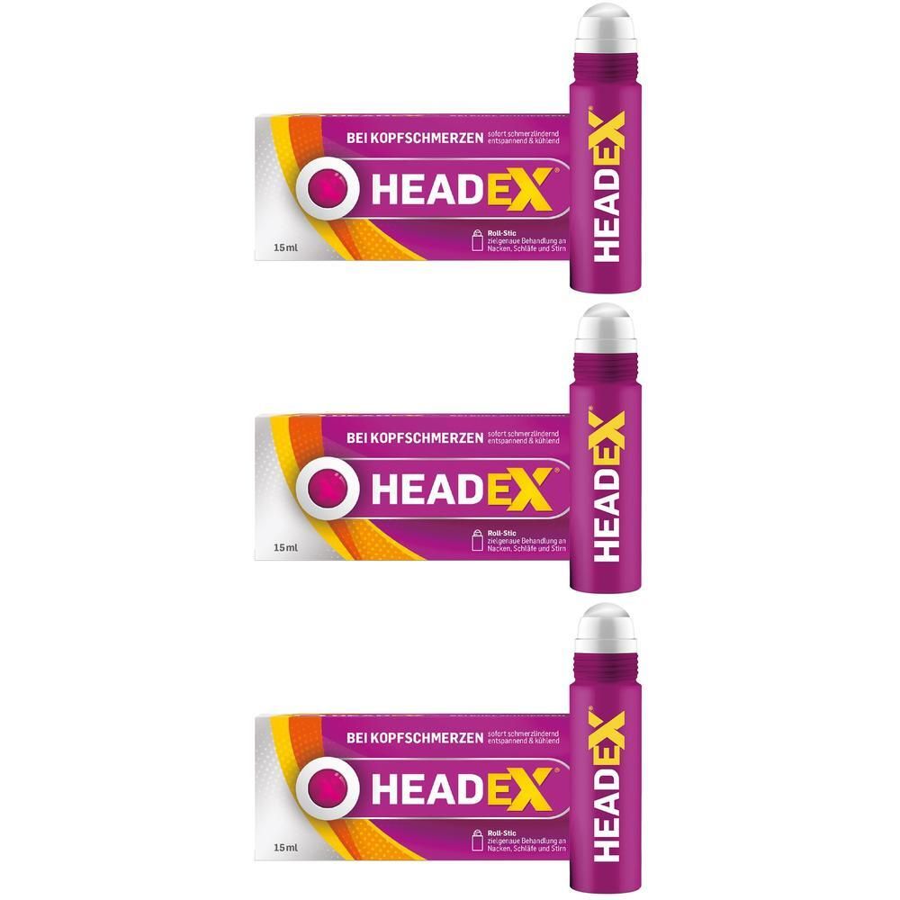 Drei HeadEx Kopfschmerz Roll-Ons mit Verpackung. Lila Flaschen mit weißem Applikator.