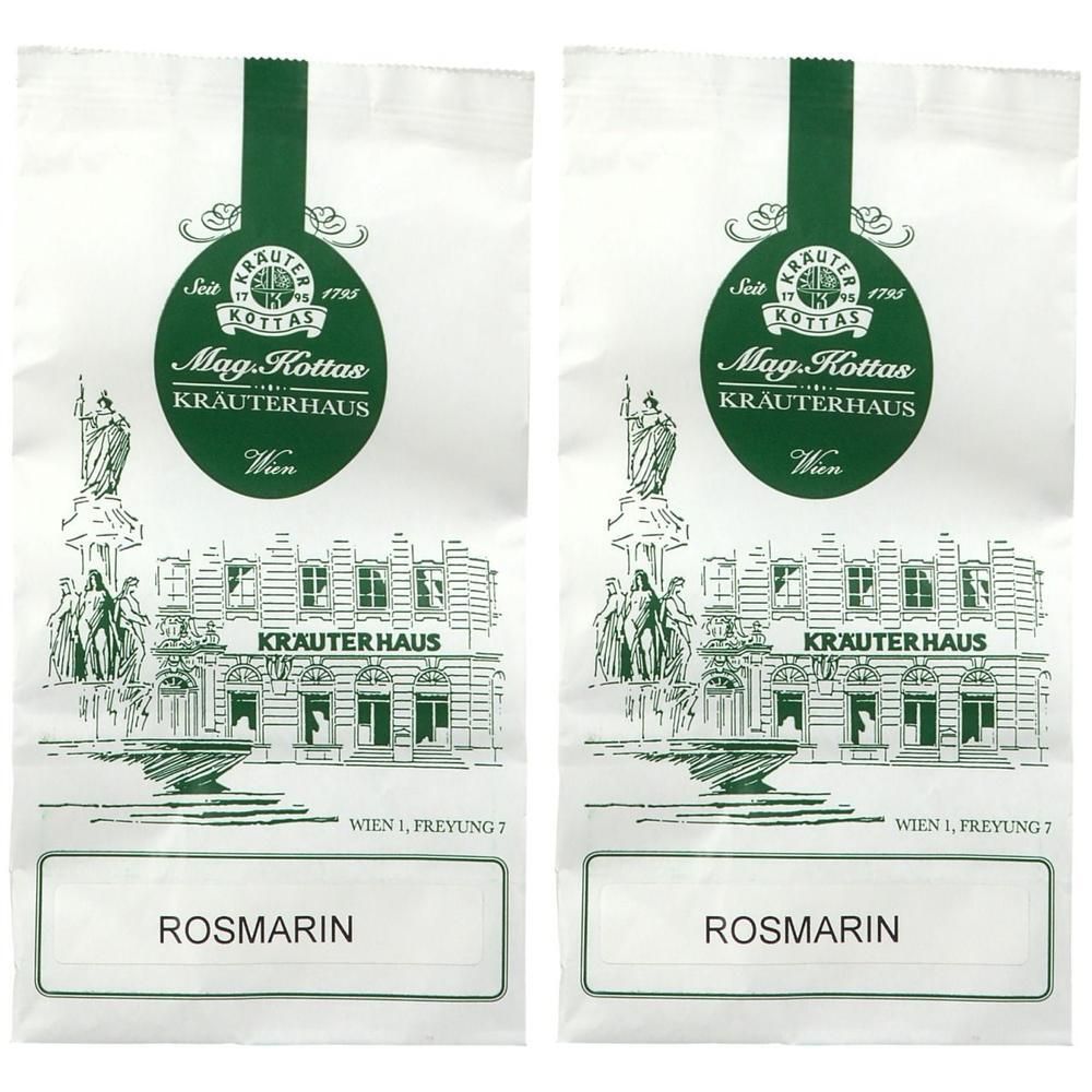 Zwei weiße Beutel mit grünem Aufdruck. Oben Logo mit Schriftzug Mag. Kottas Kräuterhaus. Unten steht ROSMARIN.