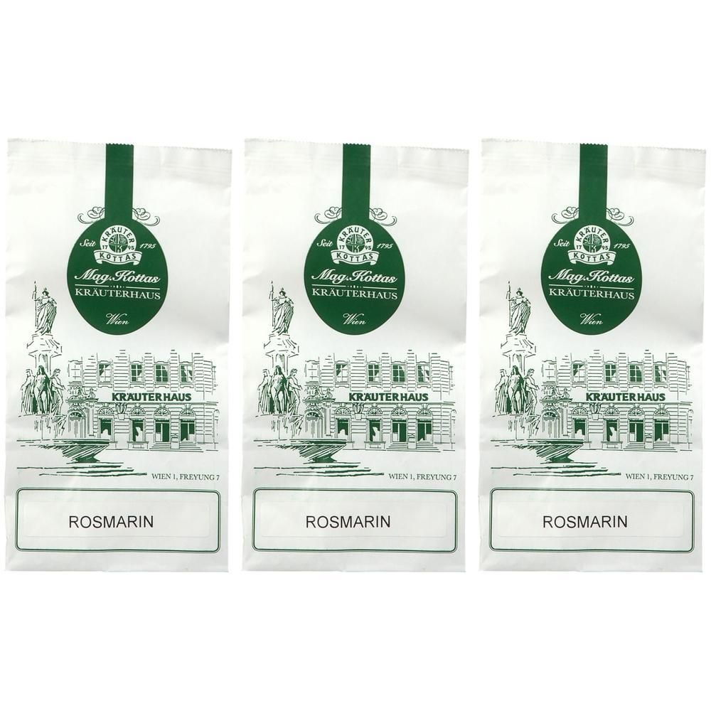 Drei Beutel mit weißem Hintergrund. Aufdruck: Logo, Gebäudezeichnung, Text ROSMARIN. Marke: Mag. Kottas Kräuterhaus.