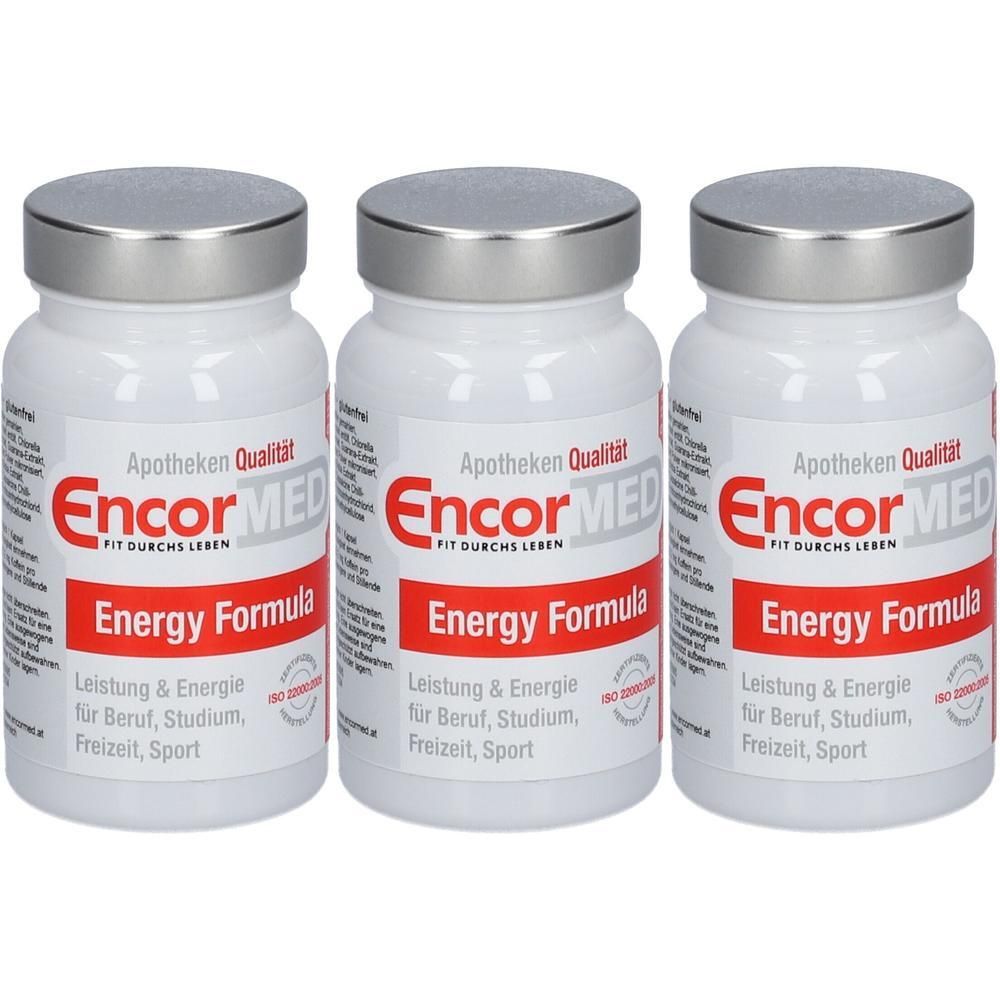 Drei weiße Flaschen mit silbernen Deckeln. Auf jeder Flasche steht "Encor MED Energy Formula". Text in Rot und Schwarz. ISO 9000 zertifiziert.