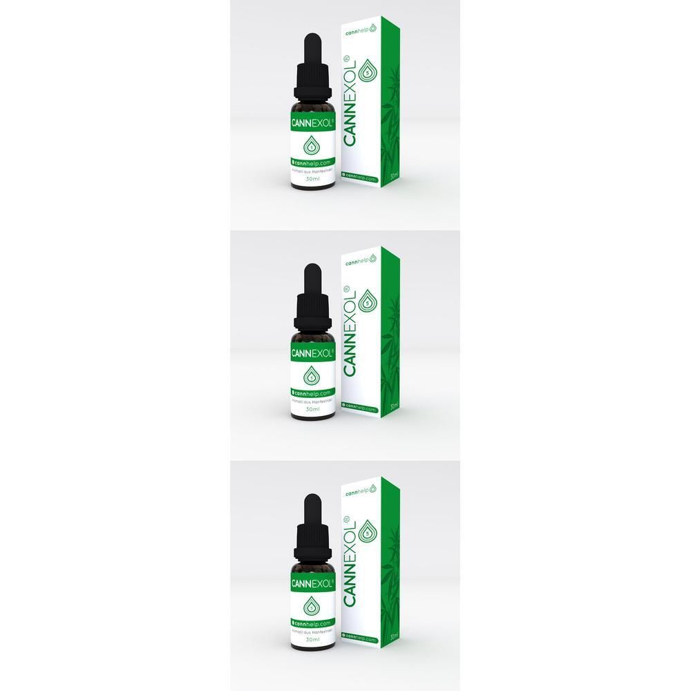 Mehrere Flaschen mit Tropfer und Verpackung. Aufschrift CANNEXOL® und Logo. Grüne und weiße Verpackung.