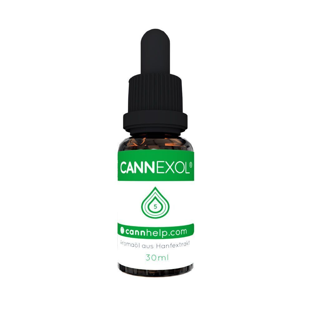 Braune Glasflasche mit schwarzem Tropfer. Aufschrift CANNEXOL® und Logo. Aufschrift cannhelp.com und 30ml.