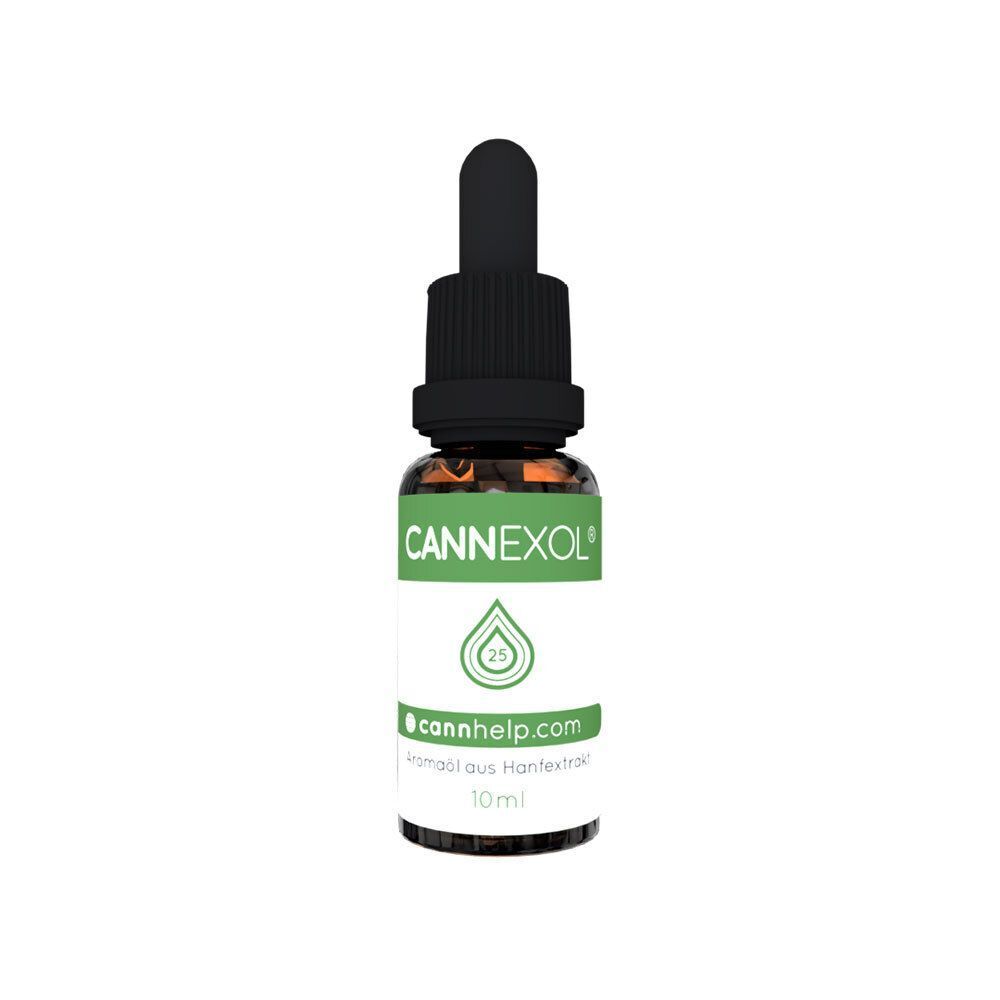 CANNEXOL® CBD Öl Flasche mit Pipette. Dunkles Glas, Etikett mit "25%" und "cannhelp.com".