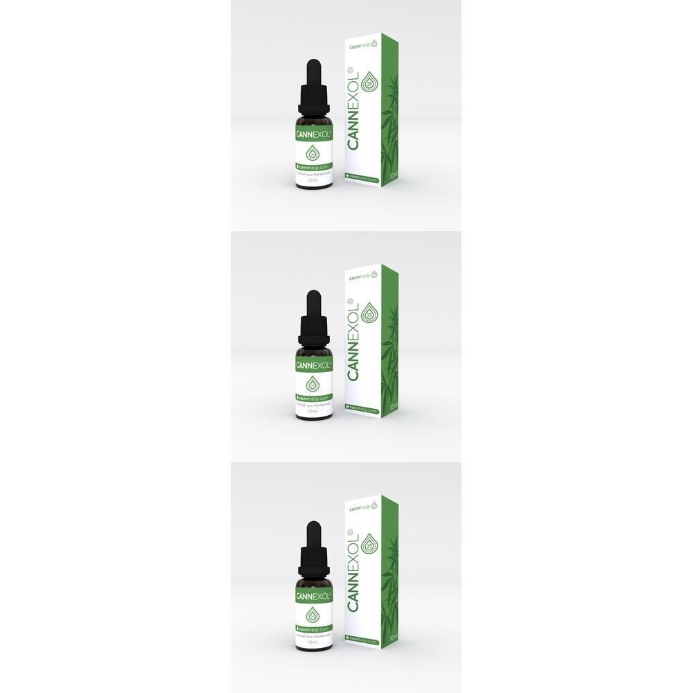 CANNEXOL® CBD Öl Flasche mit Pipette und Verpackung. Grüne Etiketten mit Logo und Text.