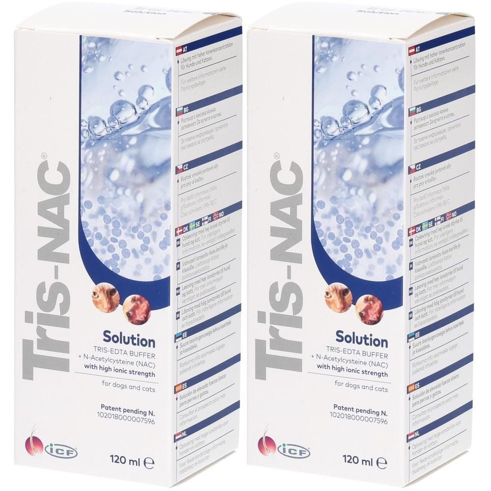 Zwei Kartons mit der Aufschrift "Tris-NAC Solution". Enthält TRIS-EDTA BUFFER und N-Acetylcystein. Für Hunde und Katzen. 120 ml.