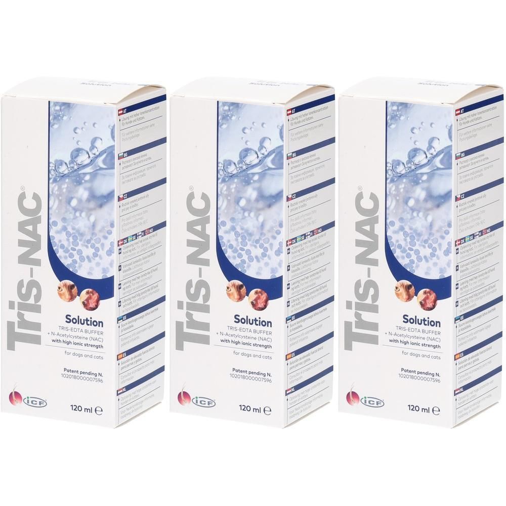 Drei weiße Kartons mit der Aufschrift Tris-NAC. Aufdruck: Lösung, 120 ml. Abbildung von Wasserblasen und Früchten.
