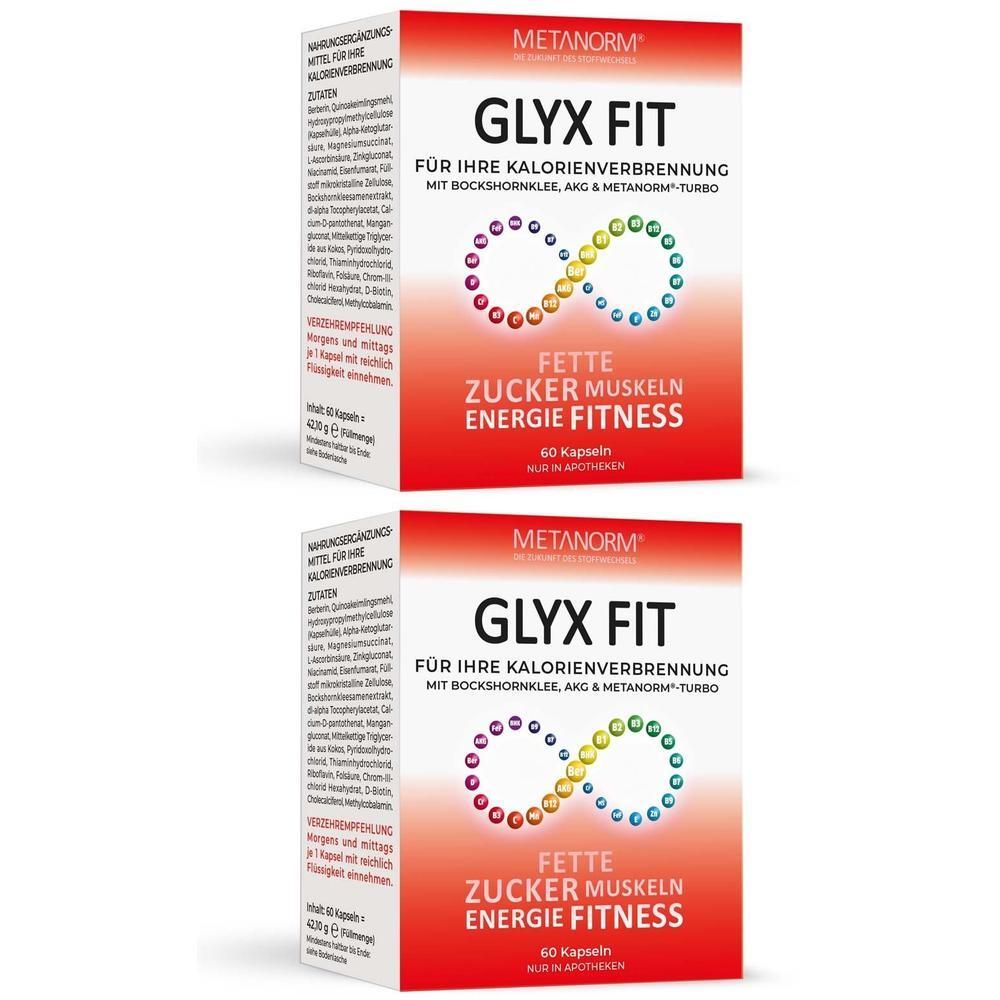 Zwei Schachteln METANORM GLYX FIT. Aufschrift: FÜR IHRE KALORIENVERBRENNUNG. Enthält 60 Kapseln. Farbige Unendlichkeits-Grafik.