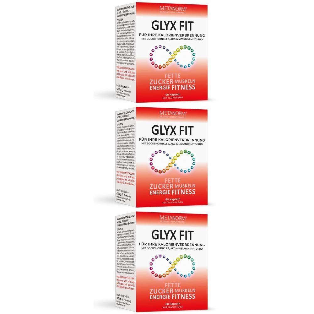 Drei Schachteln mit der Aufschrift GLYX FIT. Rote und weiße Verpackung mit Text und einem farbigen Unendlichkeitszeichen.