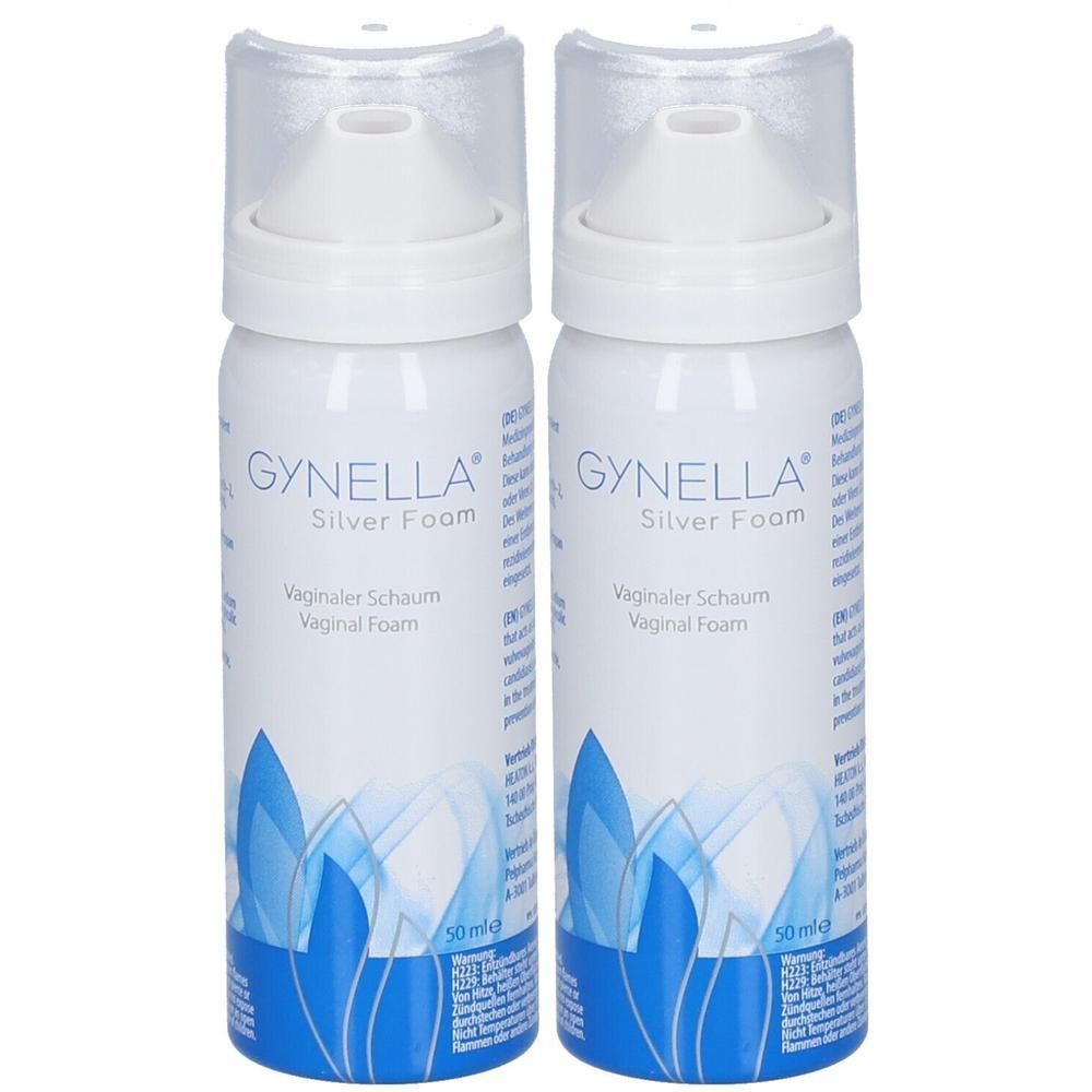 Zwei weiße Schaumspender mit silbernem Schriftzug und blauen Verzierungen. 50 ml pro Spender.