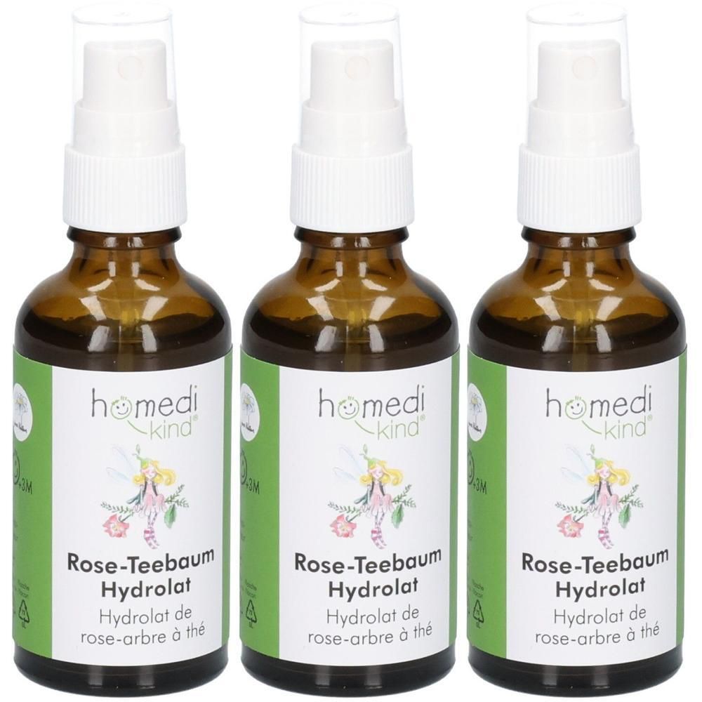 Drei Flaschen homedi kind Rose-Teebaum Hydrolat mit Sprühkopf.