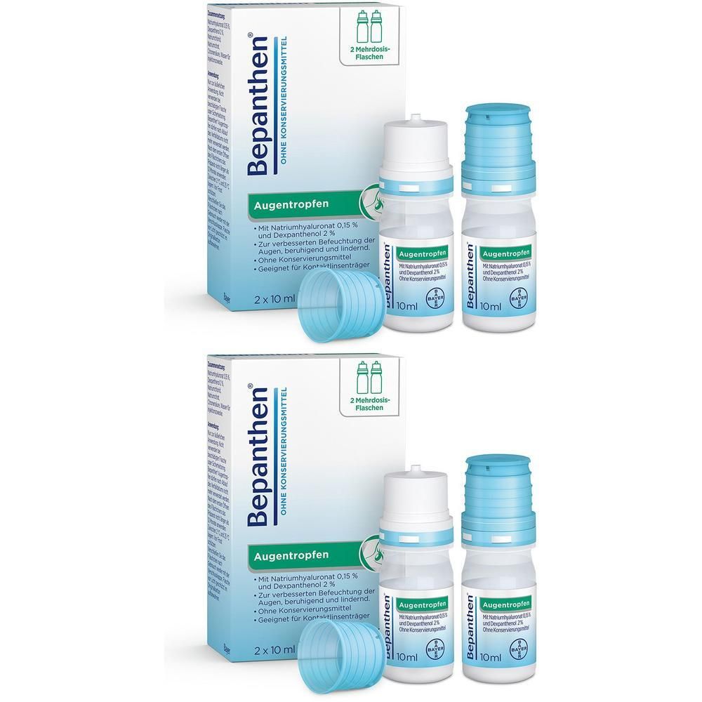 Zwei Packungen Bepanthen Augentropfen mit Flaschen. Weiße Verpackung mit blauer Schrift. Zwei Flaschen mit blauen Kappen.