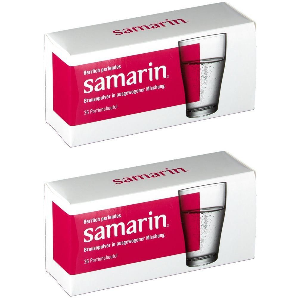 Zwei Schachteln samarin® Brausepulver. Weiß mit roter Fläche und Glas-Illustration. Schriftzug samarin®.