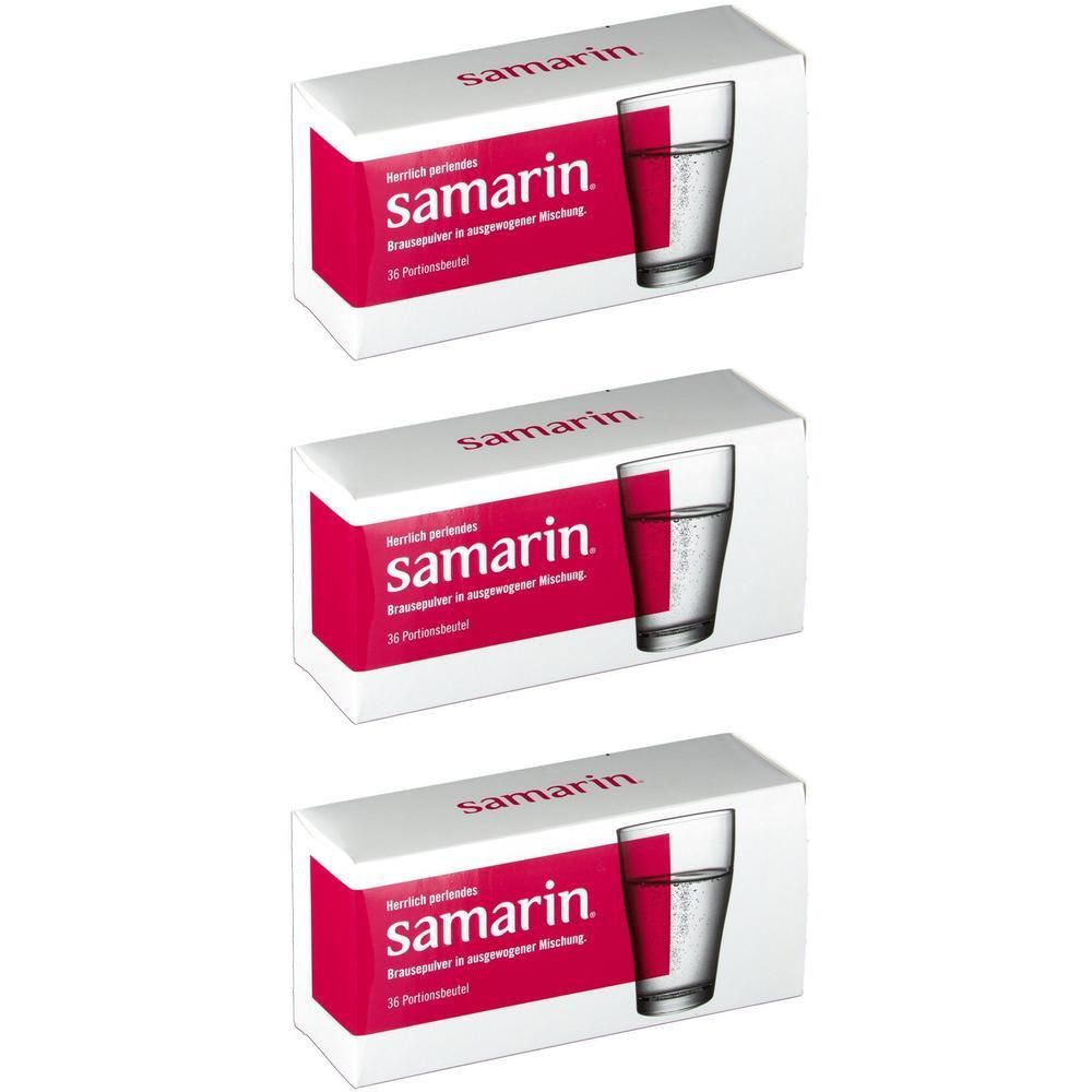 Drei Schachteln samarin® Brausepulver. Weiße Schachteln mit rotem Streifen und Glas-Illustration. Produktname deutlich sichtbar.