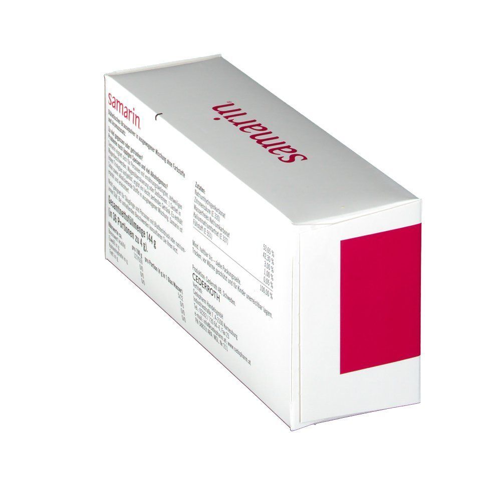Schachtel samarin® Brausepulver. Weiße Schachtel mit rotem Feld und Text. Produktname und Informationen deutlich sichtbar.