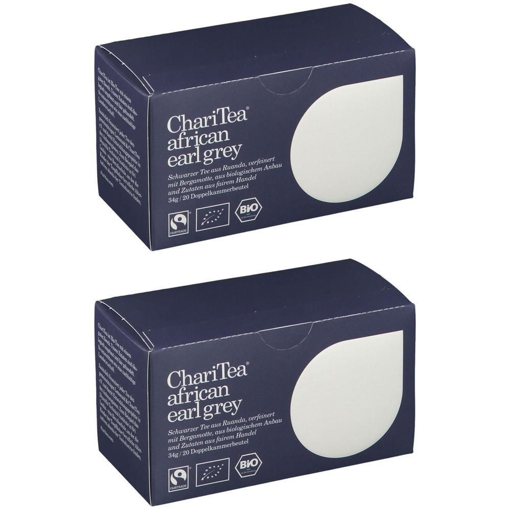 Zwei Schachteln ChariTea african earl grey Tee. Dunkelblaue Verpackung mit weißem Element und Produktbezeichnung.