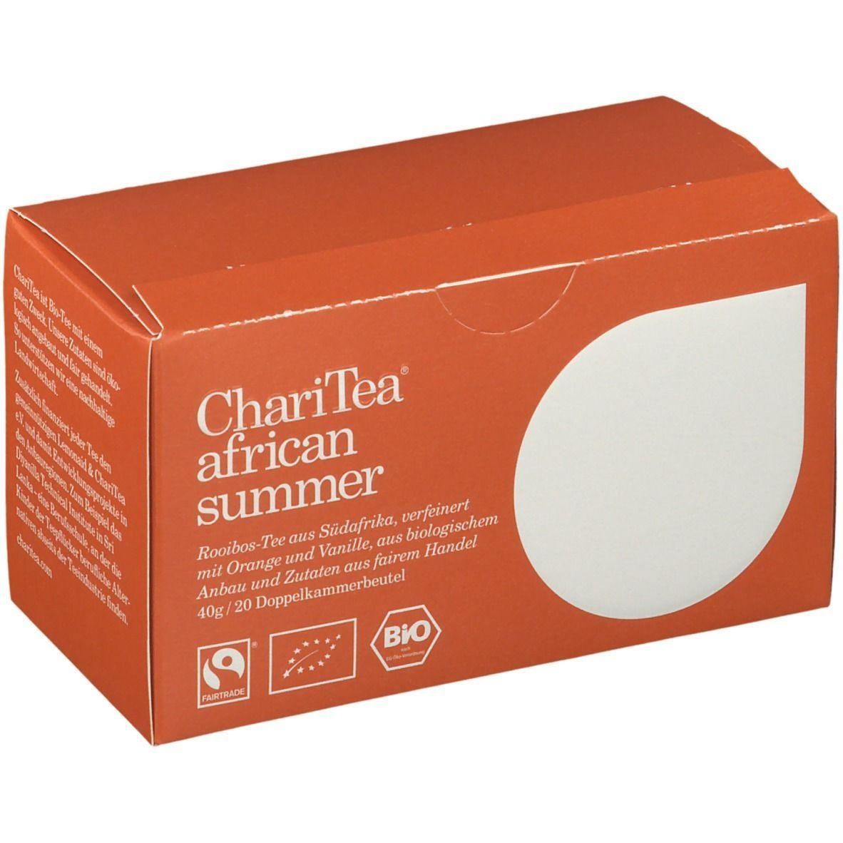Orangefarbene Teebox mit weißem Blatt-Design. Aufschrift: ChariTea african summer. Enthält Rooibos-Tee mit Orange und Vanille. Bio-Siegel.