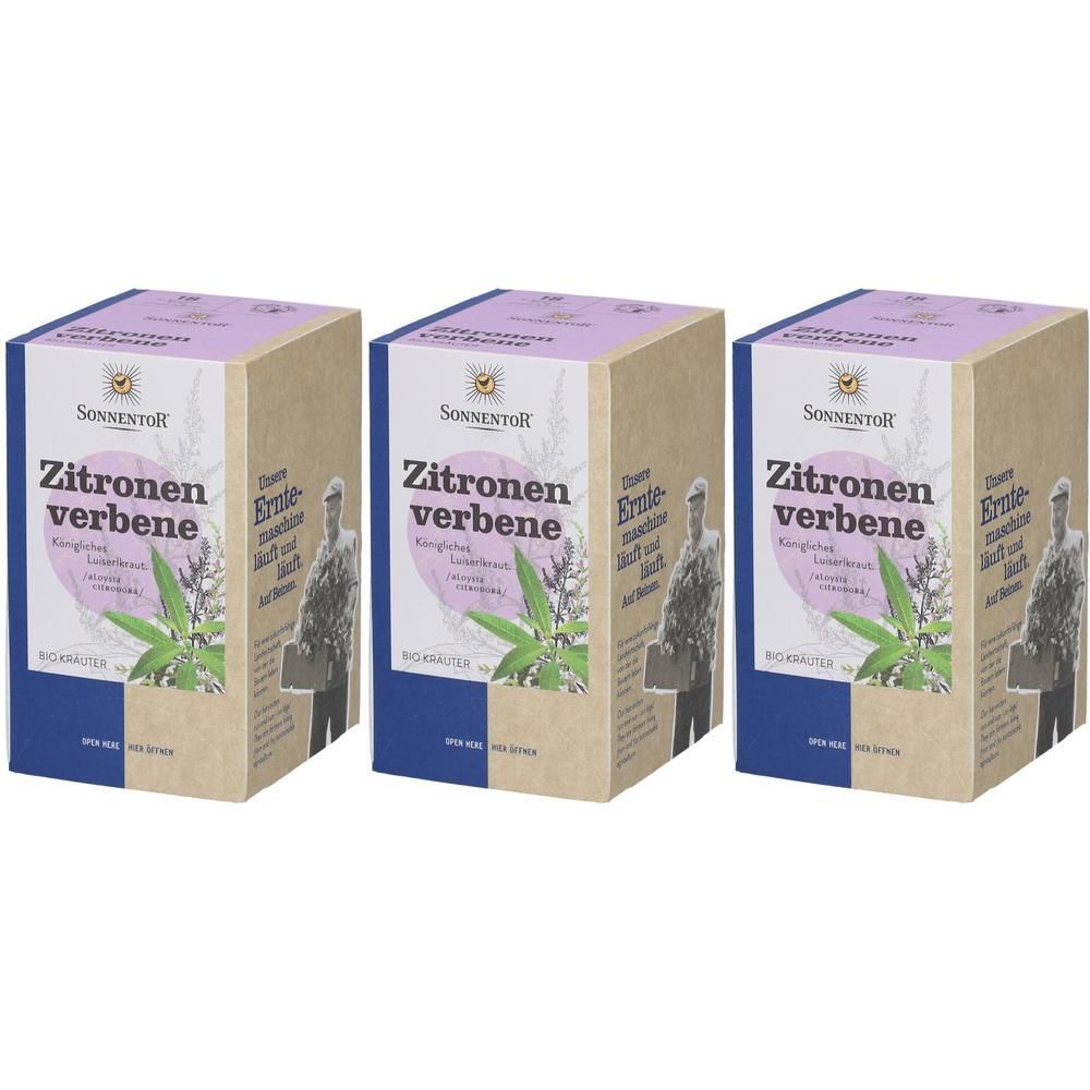 Drei rechteckige Kartons mit der Aufschrift "Zitronenverbene". Aufdrucke: Logo, Illustration, Text in deutscher Sprache.