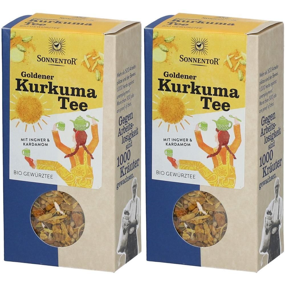 Zwei Kartons Goldener Kurkuma Tee. Aufdruck: SonnentoR, Illustration, Text. Sichtfenster mit Kräutern.