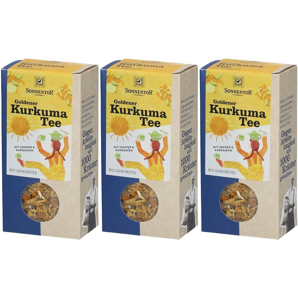 Drei Kartonverpackungen mit „Goldener Kurkuma Tee“ Aufdruck. Gelb-blaue Verpackung mit Produktbild und Text. Bio-Gewürztees.