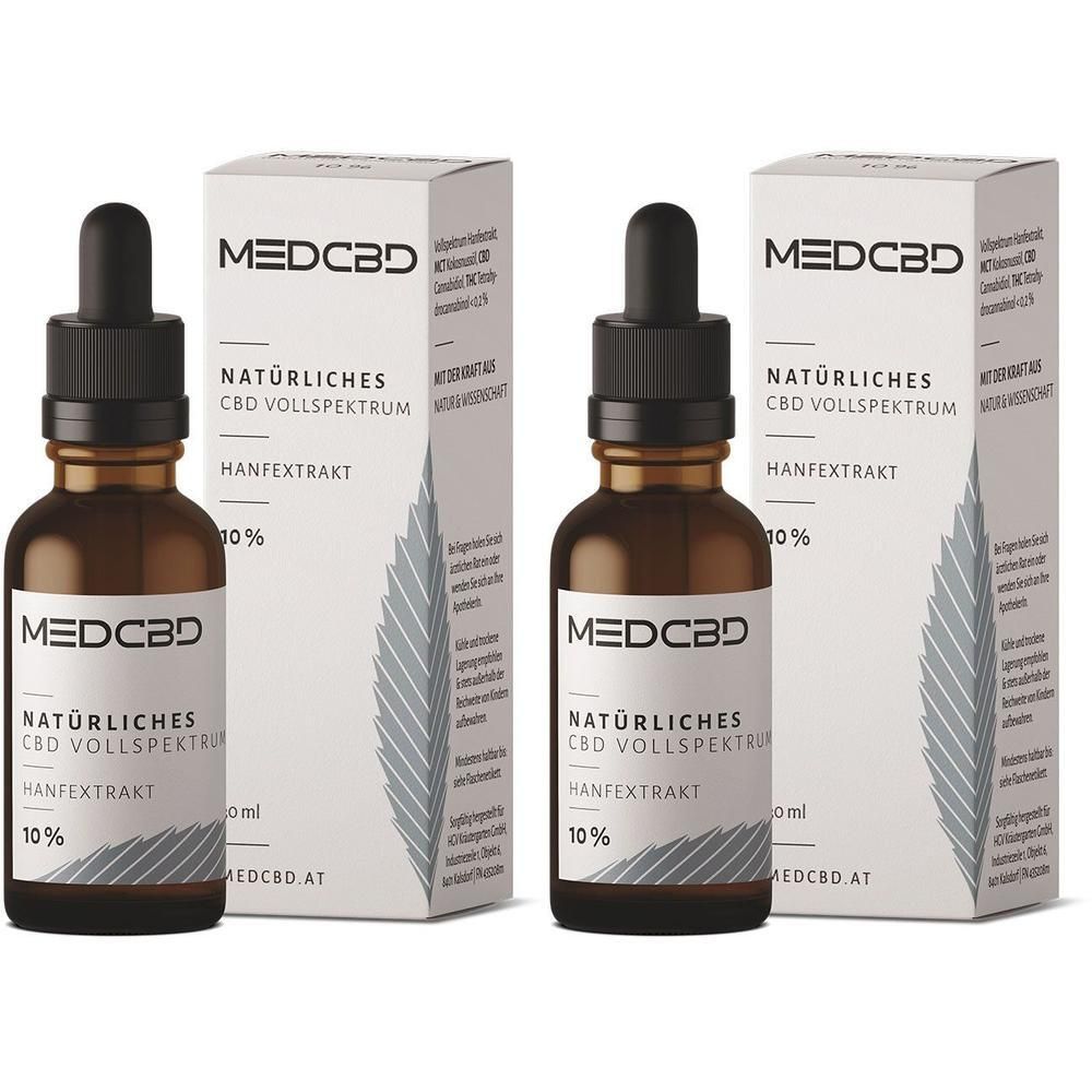 Zwei Flaschen MEDCBD Hanfextrakt mit Pipetten und Kartons. Etiketten zeigen 10% CBD.