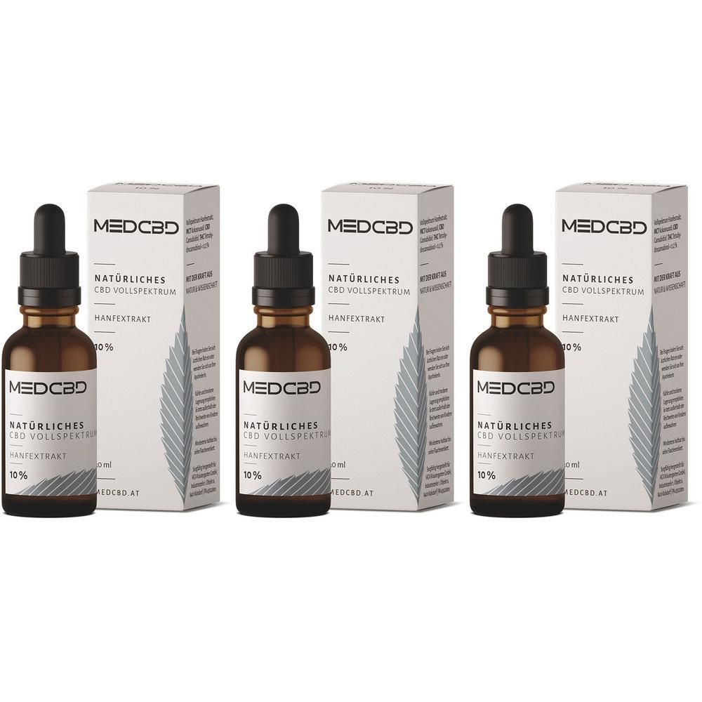Drei Flaschen MEDCBD 10% CBD Öl mit Pipetten und Kartons. Natürliches CBD-Vollspektrum-Hanfextrakt.