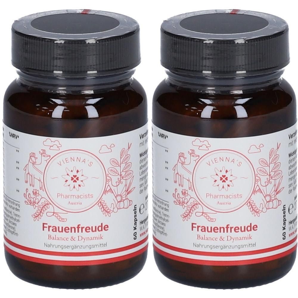Zwei braune Glasflaschen mit schwarzen Deckeln. Auf den Etiketten steht "VIENNA'S Pharmacists Frauenfreude".