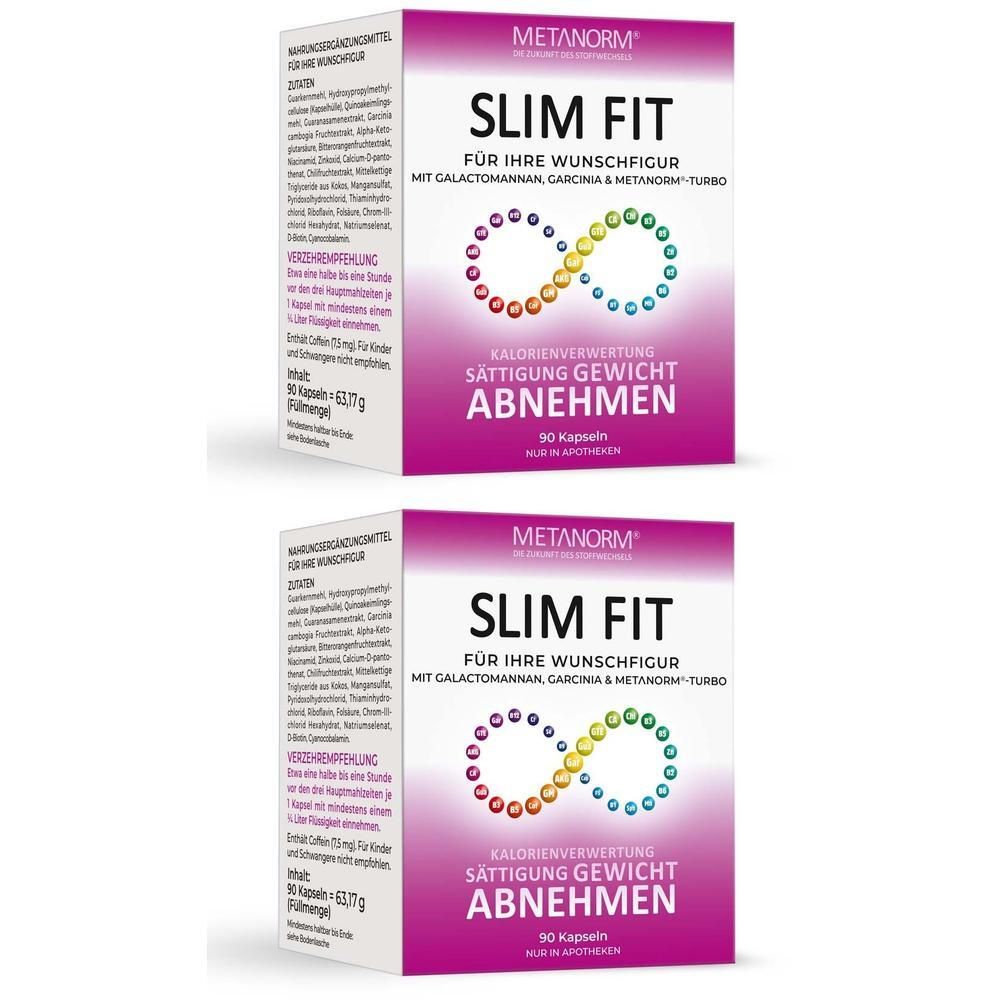 Zwei Packungen METANORM SLIM FIT. Weiße Schachteln mit pinkfarbenen Akzenten. Aufdruck: SLIM FIT, Abnehmen, 90 Kapseln.