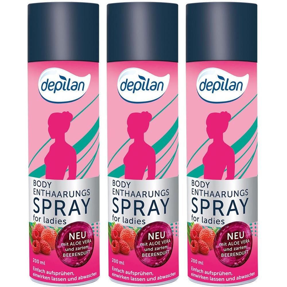 Drei Depilan Enthaarungsspray Dosen für Damen, je 200 ml, mit Himbeeren und Aloe Vera.