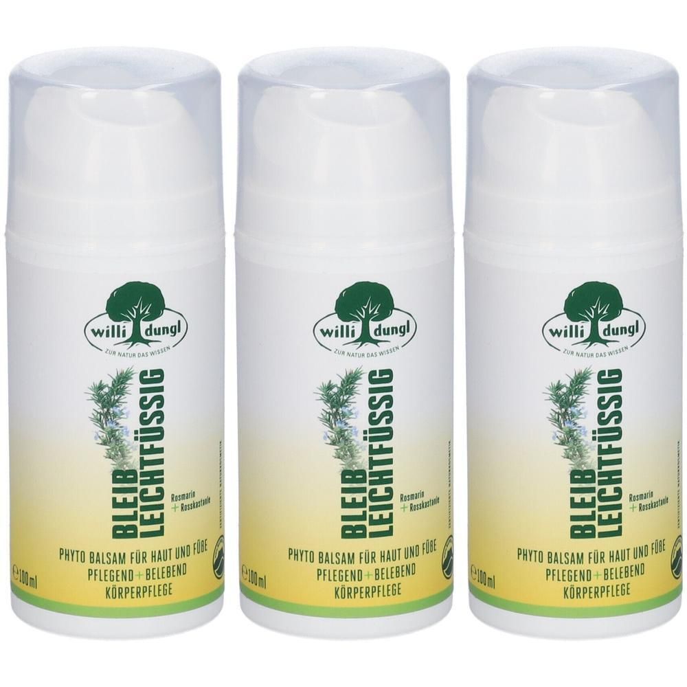 Drei Flaschen Willi Dungl BLEIB LEICHTFÜSSIG Phyto-Balsam mit je 100ml. Weiße Behälter mit grüner Baum-Logo und Pflanzenabbildung.