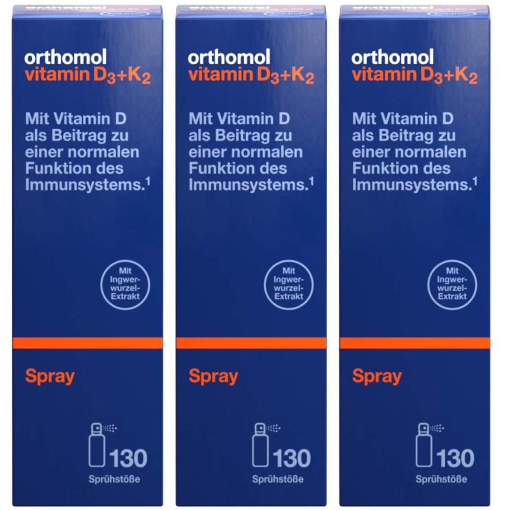Drei blaue Schachteln mit Produktinformationen. Aufschrift: Orthomol Vitamin D3+K2 Spray. Mit Vitamin D für das Immunsystem.