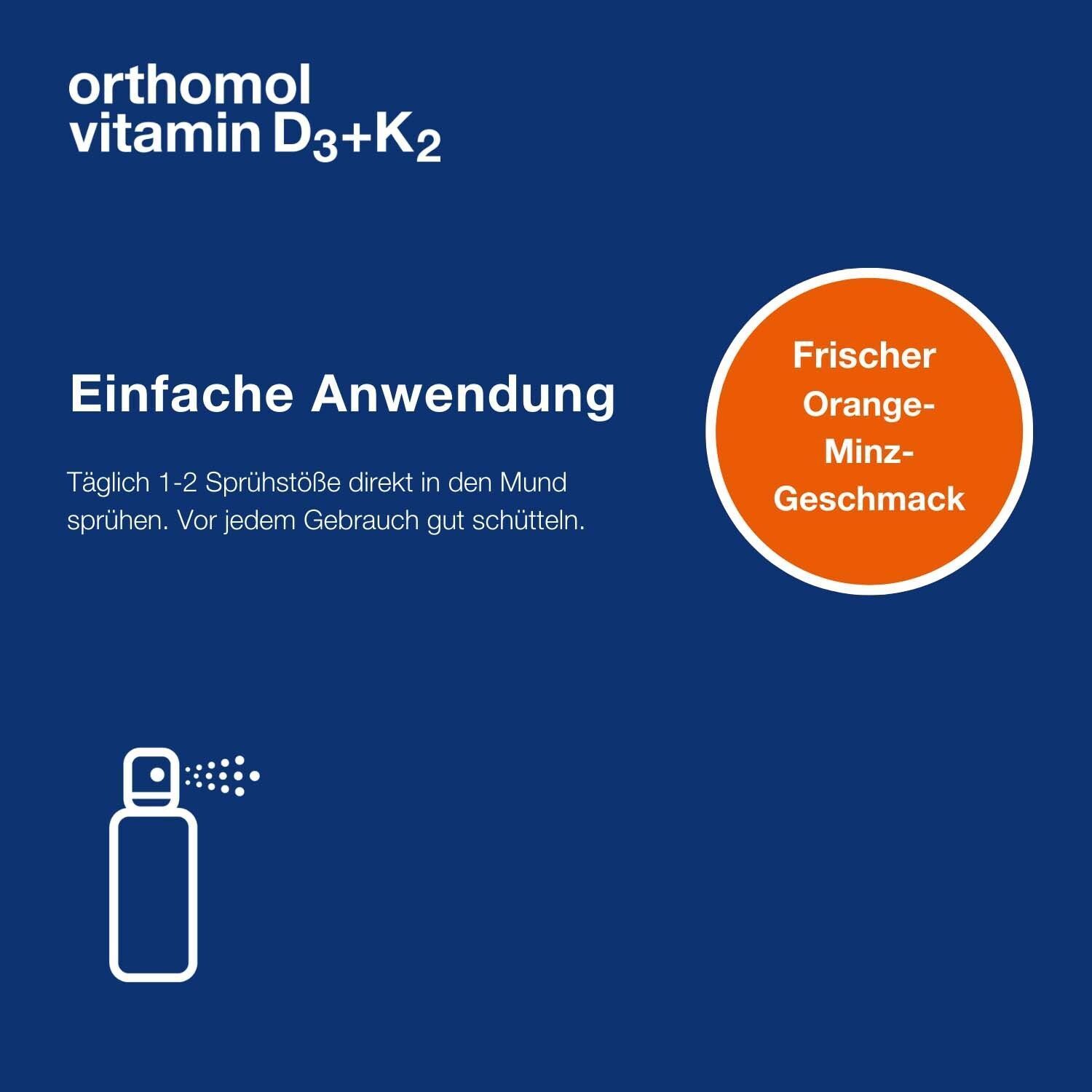 Blaue Infografik mit Produktinformationen. Aufschrift: Orthomol Vitamin D3+K2. Informationen zur einfachen Anwendung.