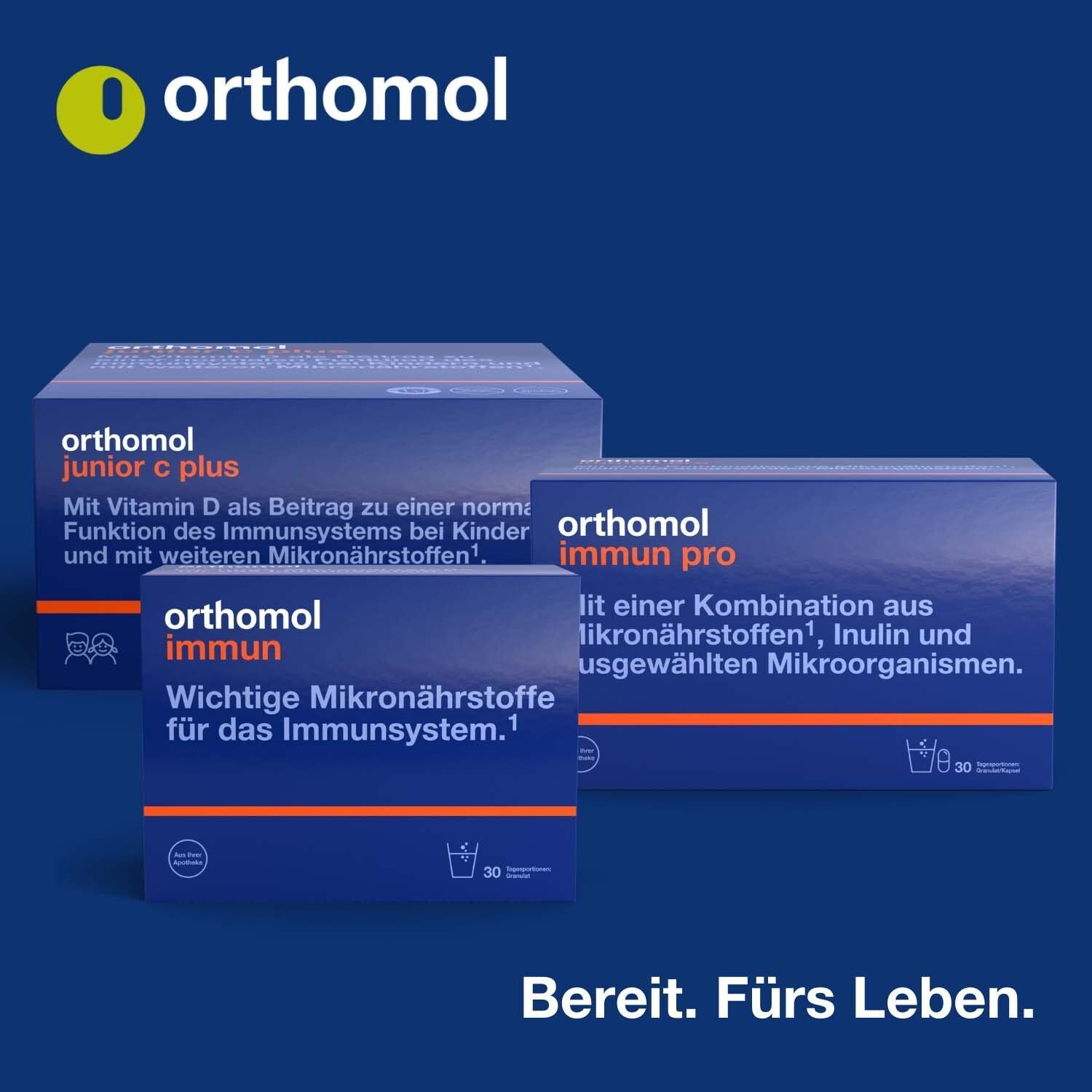 Drei Produktverpackungen. Aufschrift: Orthomol immun, junior c plus und immun pro. Informationen zu Mikronährstoffen.