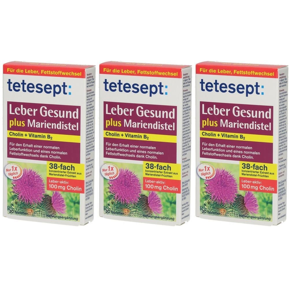 Drei Schachteln TETESEPT LEBER GESUND MARIEN. Aufschrift: Leber Gesund plus Mariendistel, Cholin + Vitamin B2. Abbildung einer Distelblüte.