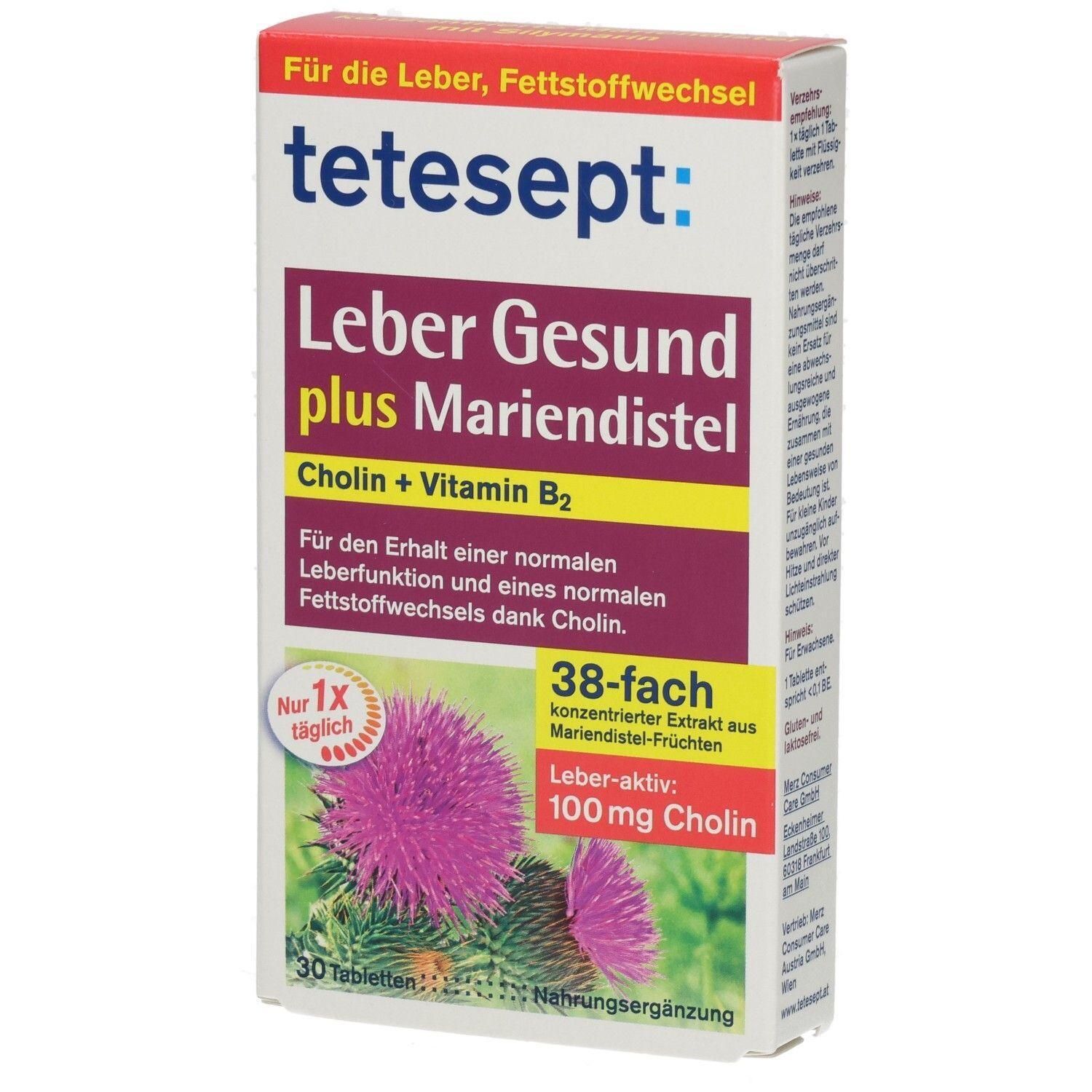 Karton mit Produktaufdruck. Aufschrift: tetesept Leber Gesund plus Mariendistel. Enthält Cholin + Vitamin B2. 30 Tabletten.