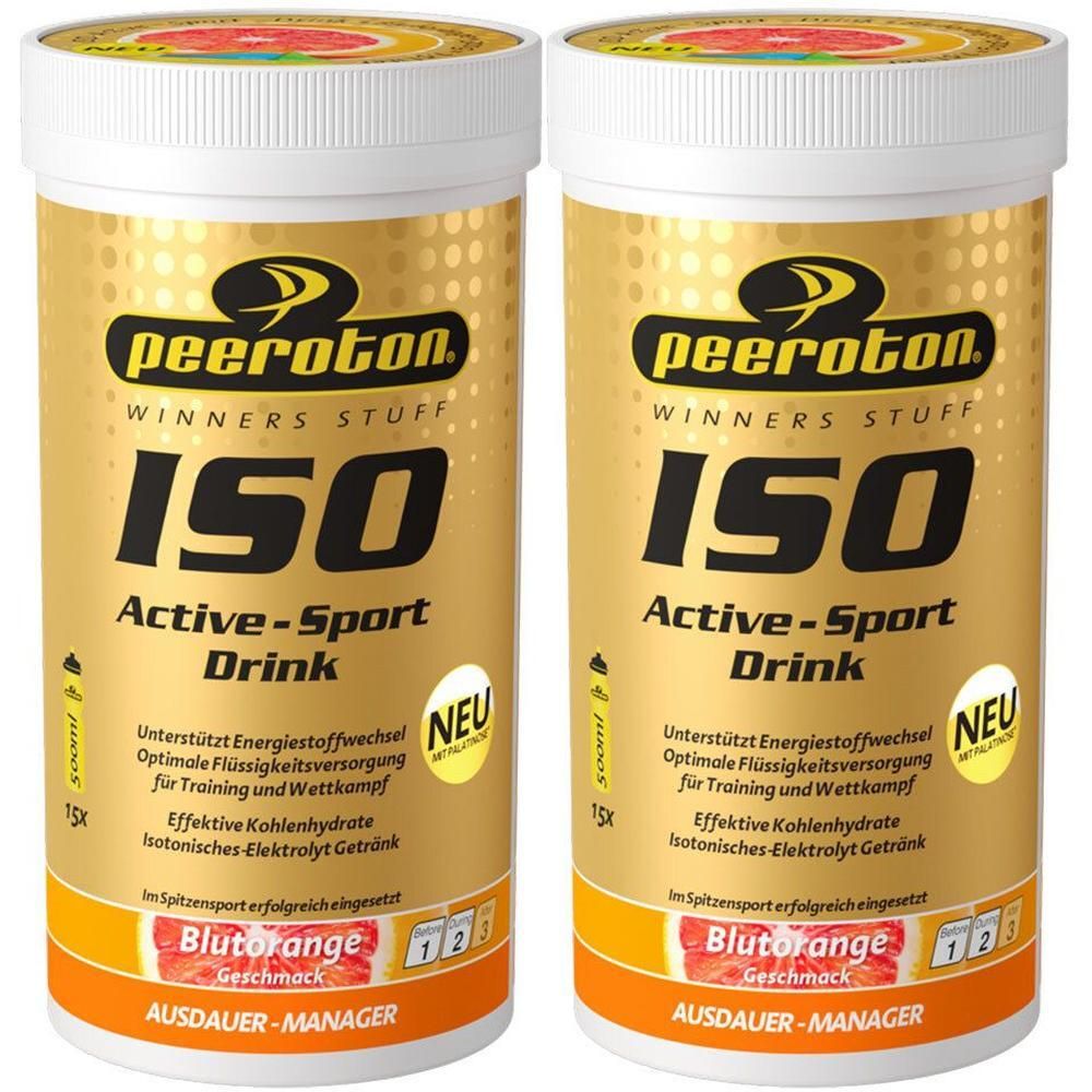 Zwei zylindrische Behälter mit goldfarbenem Etikett. Aufschrift: peeroton ISO Active-Sport Drink Blutorange. Mit Deckel und Produktinformationen.