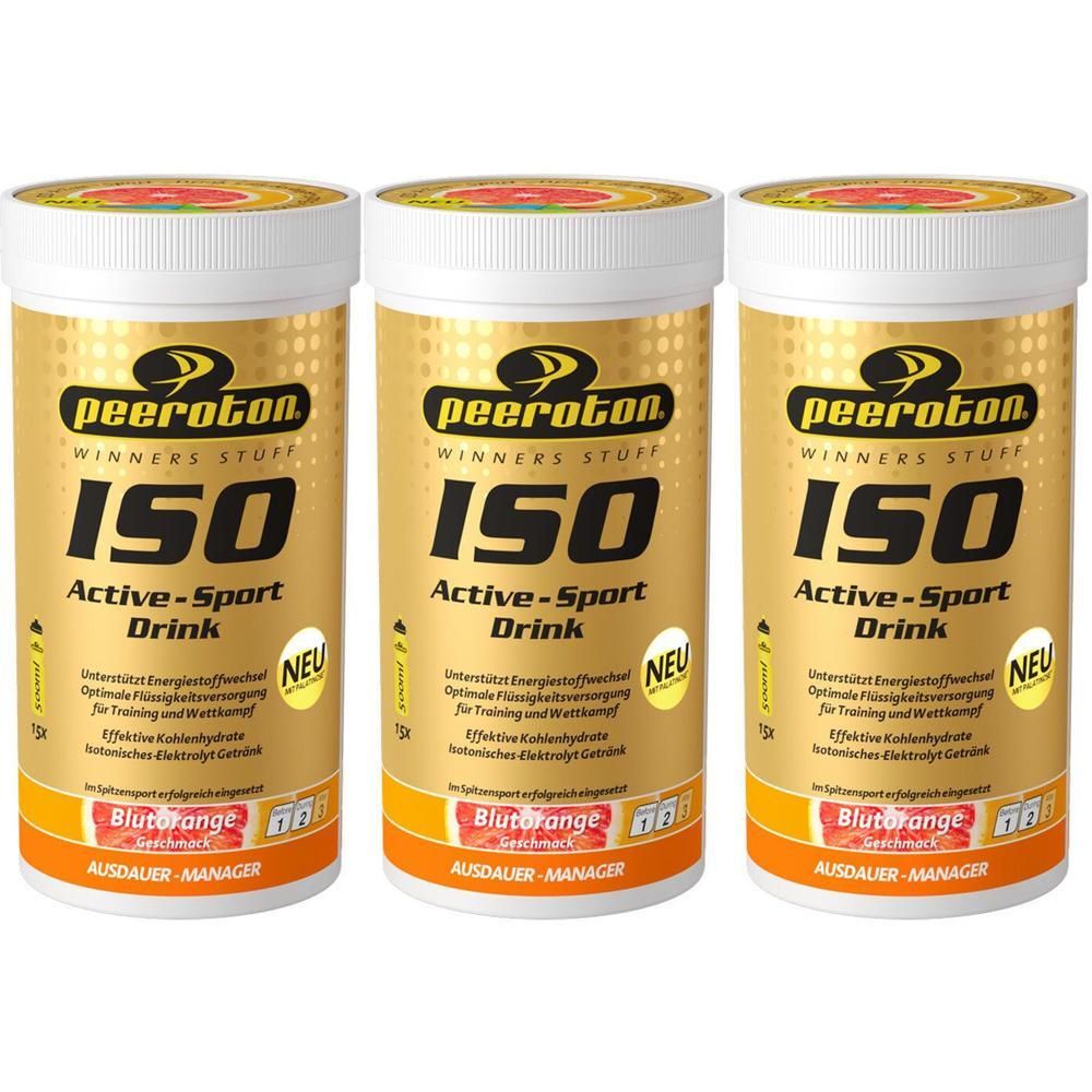 Drei Dosen peeroton® ISO Active-Sport Drink Blutorange. Goldfarbene Dosen mit weißem Deckel. Aufschrift: ISO Active-Sport Drink.