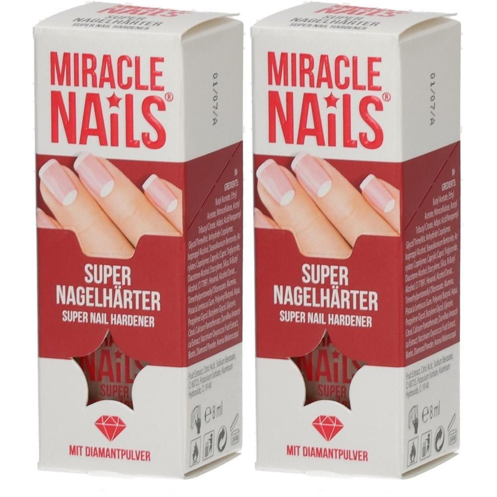 Zwei Packungen MIRACLE NAILS SUPER NAGELHÄRTER mit Diamantpulver. Zeigt gepflegte Nägel.