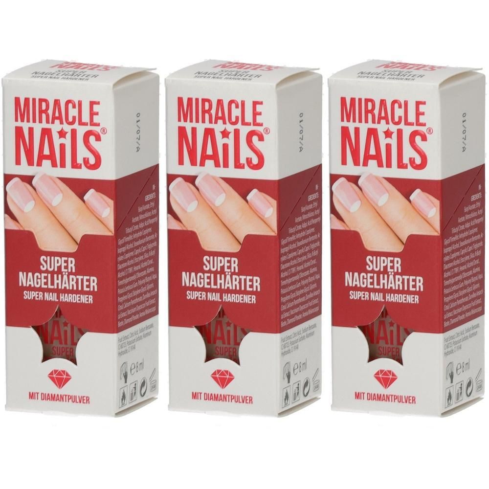 Drei Schachteln MIRACLE NAILS SUPER NAGELHÄRTER mit Diamantpulver. Zeigt gepflegte Nägel.