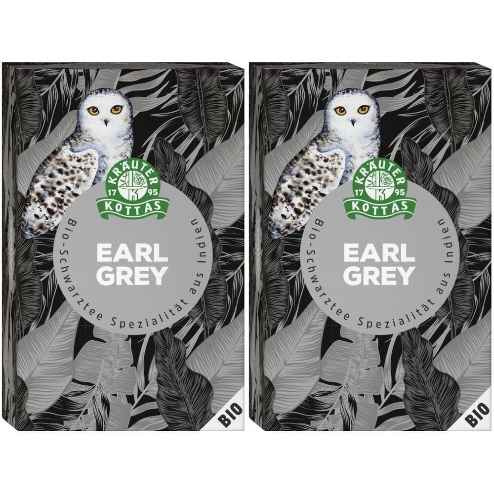 Zwei Packungen DR. KOTTAS Earl Grey Tee. Aufdruck mit Eule, Logo und Schriftzug. Bio-Schwarztee Spezialität.