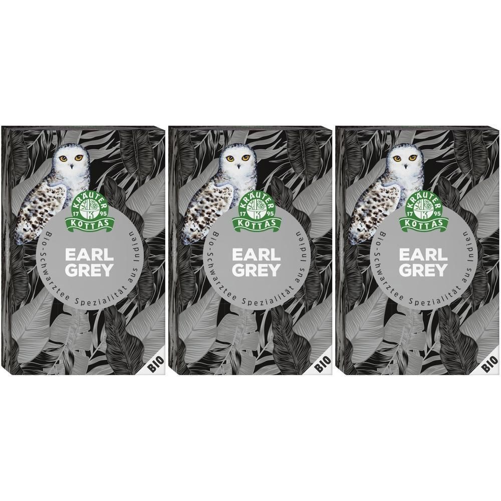 Drei Packungen Tee. Auf jeder Packung ist eine Eule abgebildet. Der Text lautet: EARL GREY, Bio-Schwarztee Spezialität.