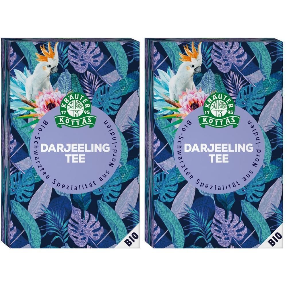 Zwei rechteckige Packungen mit floralem Design und Papagei. Aufschrift: Darjeeling Tee, Bio. Marke: KOTTAS.