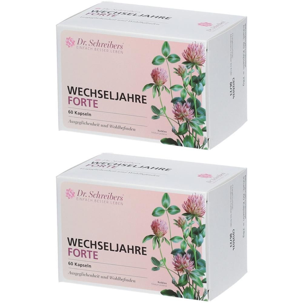 Zwei Kartons mit Produktaufdruck. Aufschrift: Dr. Schreibers Wechseljahre FORTE, 60 Kapseln. Rosa-weiße Verpackung mit Klee-Illustration.