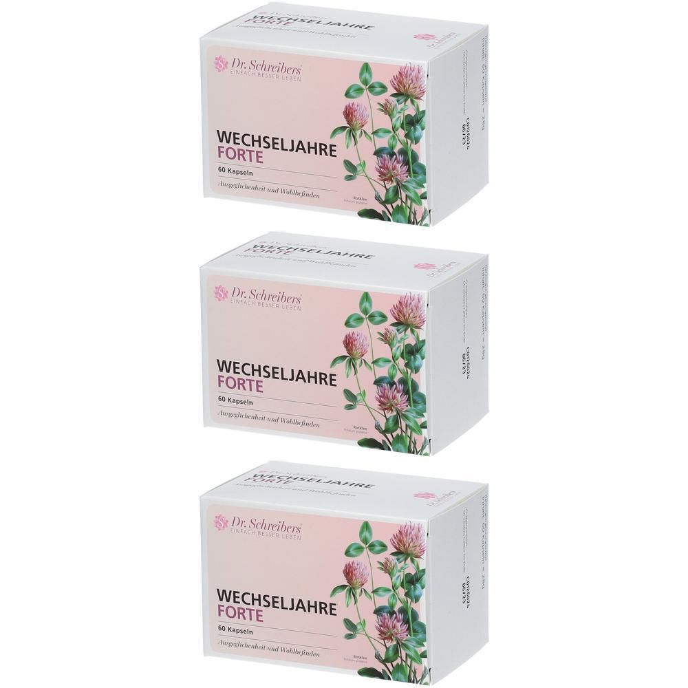 Drei Schachteln Dr. Schreibers® Wechseljahre FORTE. Weiße Verpackung mit Produktnamen und Kleeblatt-Illustration. 60 Kapseln.