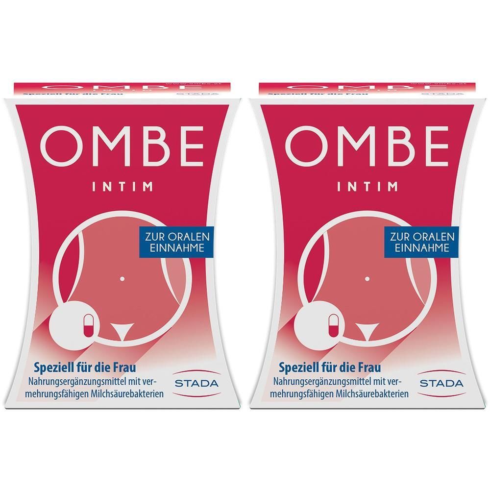 Zwei Packungen OMBE Intim Kapseln. Rote Verpackung mit weißer Schrift. Aufschrift: ZUR ORALEN EINNAHME.