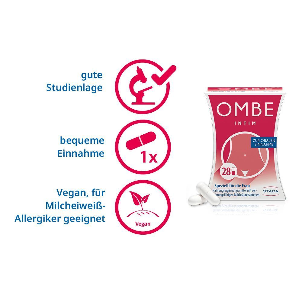 OMBE Intim Kapseln und Illustrationen. Kapseln, Mikroskop, Tablette, Vegan-Symbol. Text: bequeme Einnahme.