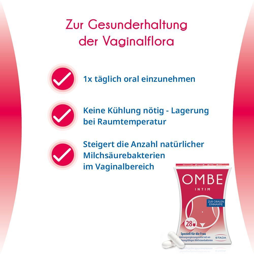 Text: Zur Gesunderhaltung der Vaginalflora. Text: 1x täglich oral. Text: Keine Kühlung nötig. Text: Steigert Milchsäurebakterien.