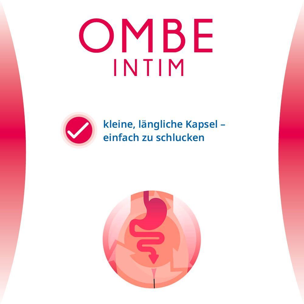 OMBE Intim Logo. Kleine, längliche Kapseln. Illustration des Verdauungstrakts. Einfach zu schlucken.