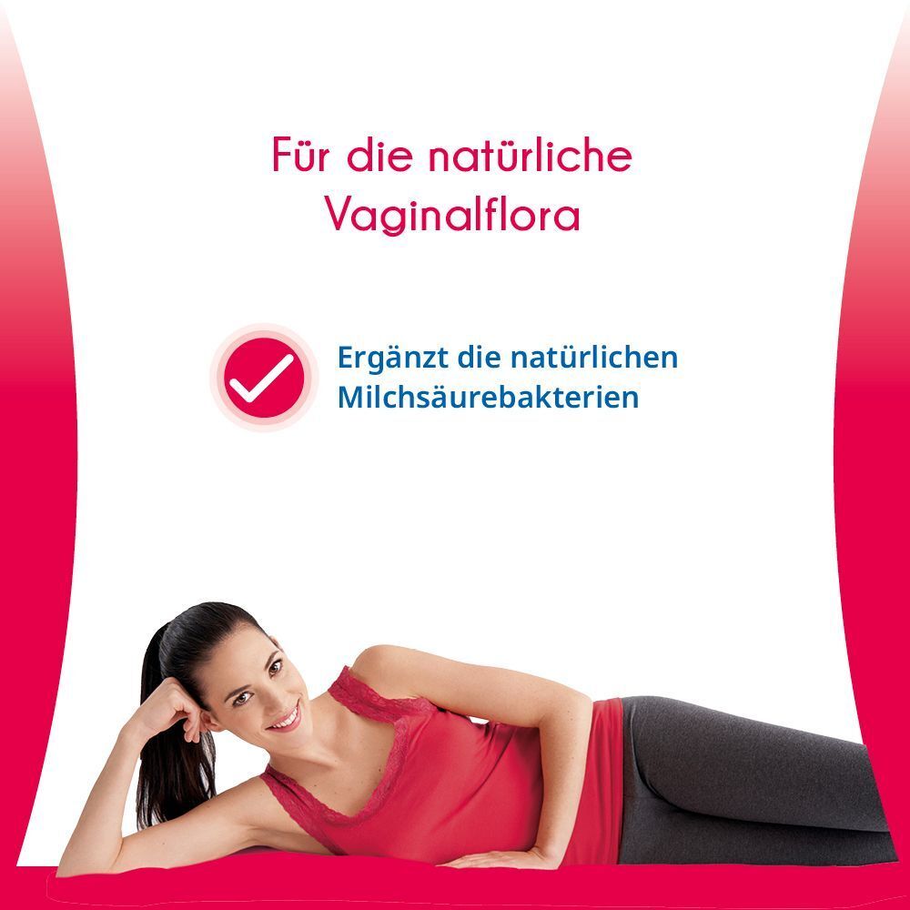 Frau liegt entspannt. Text: Für die natürliche Vaginalflora. Ergänzt die natürlichen Milchsäurebakterien.