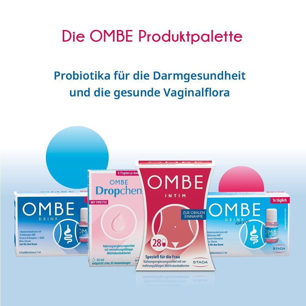 OMBE Produktpalette. Probiotika für Darmgesundheit und gesunde Vaginalflora. Verschiedene Produkte.